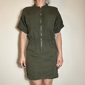 NSF Polly Utility Zip Front 100% Cotton Belted Mini Olive Green Dress Size Small